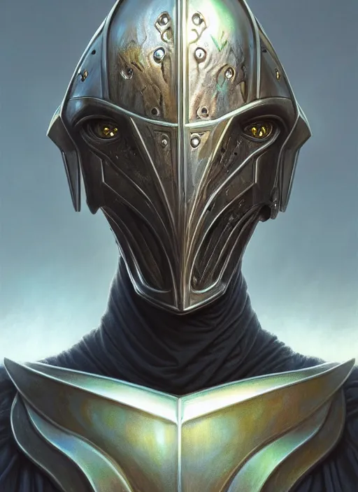 Image similar to anthropomorphic knight head in iridescent darkyiron mr bean giant pupils, intricate, elegant, highly detailed face, wide angle, digital painting, artstation, concept art, sharp focus, illustration, art by artgerm, bob eggleton, stephen hickman, richard corben, wayne barlowe, greg rutkowski, alphonse mucha, 8 k