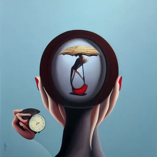 Prompt: a painting of a woman, an ultrafine detailed painting by rafal olbinski, behance contest winner, pop surrealism, detailed painting, skeuomorphic, airbrush art