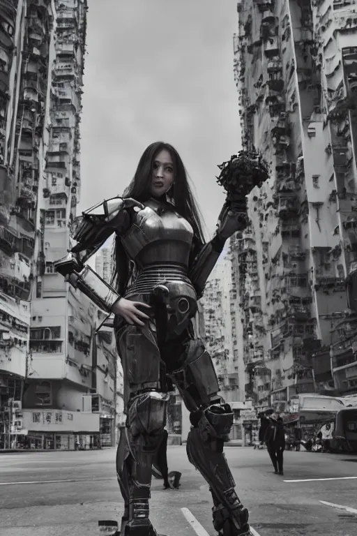 Image similar to portrait cinematography of beautiful young female, clothed in sci-fi military armor, long hair blowing in the wind. Giant mechs in the streets of Hong Kong. by Anita Sadowska