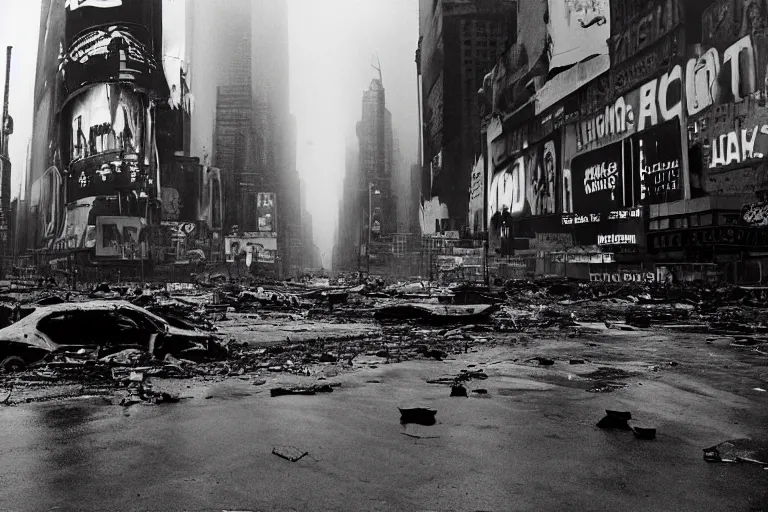 Prompt: dark photo of an destroyed times square after a nuclear attack, thunderstorm, gloomy, colorful, desolate