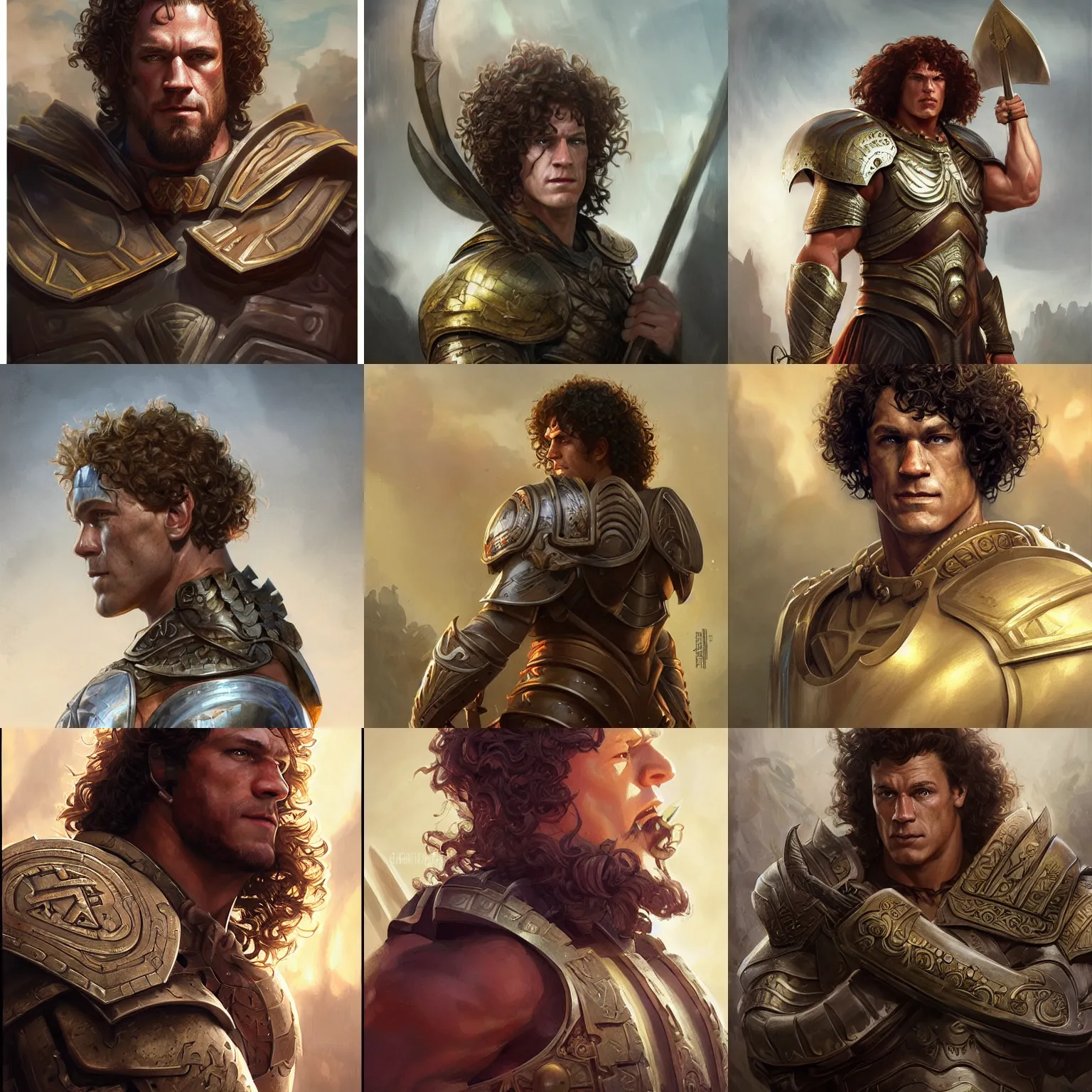 Prompt: ares, john cena, curly hair, hoplite armor, d & d, fantasy, portrait, highly detailed, digital painting, trending on artstation, concept art, sharp focus, illustration, art by artgerm and greg rutkowski and alphonse mucha