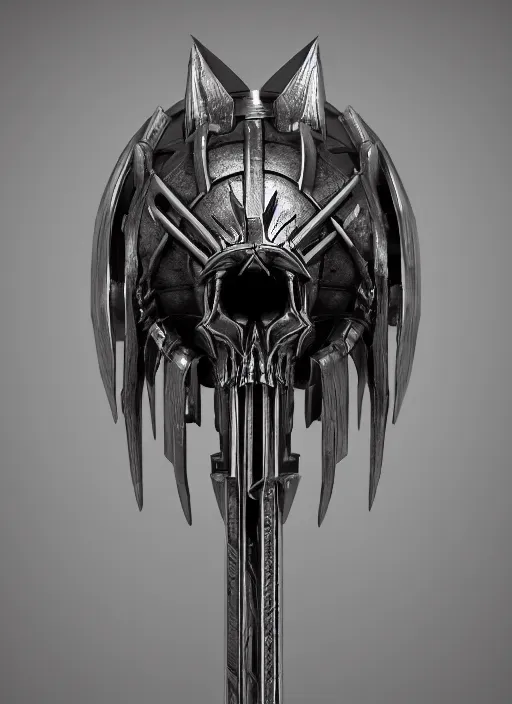 Prompt: a black great sword skull crest, orthographic, ornament, weapon, a 3 d render by dom qwek, front side full, trending on polycount, artstation, hard surface modeling, rendered in maya, zbrush, blender, hd, vray, berserk, symmetry