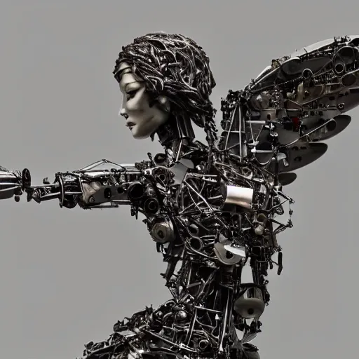 Prompt: a scenic view of an android angel statue made with mechanical scrap and humanoid parts, detailed, super realistic, texturized