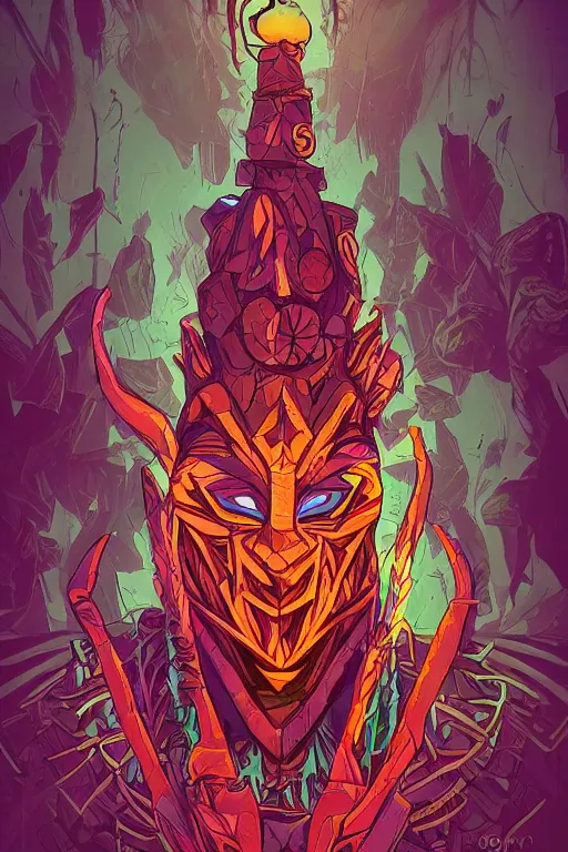 Image similar to viktor orban totem animal tribal chaman vodoo mask feather gemstone plant wood rock video game illustration vivid color borderlands by josan gonzales and dan mumford radiating a glowing aura