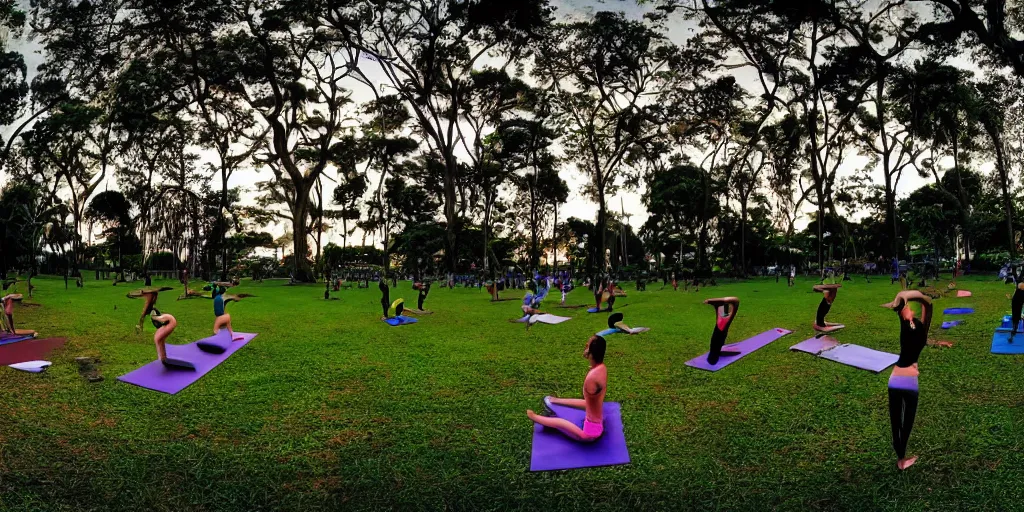 Prompt: ibirapuera park, in sao paulo, with people doing yoga, running and cycling on a beautiful afternoon with sunset, wide - angle lens, digital art, anime style