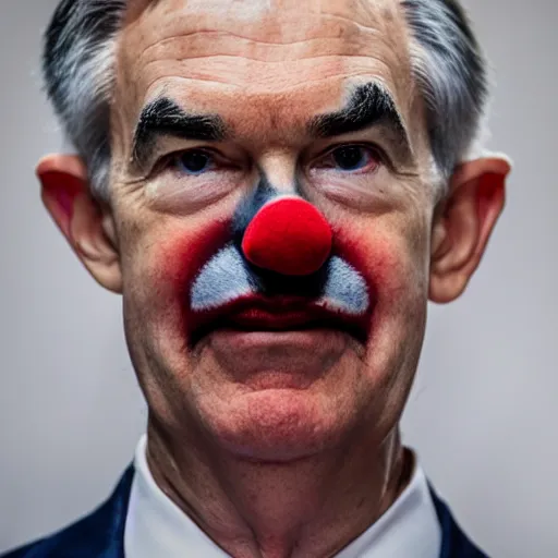 Image similar to Jerome Powell with colorful clown makeup whiteface all over his face