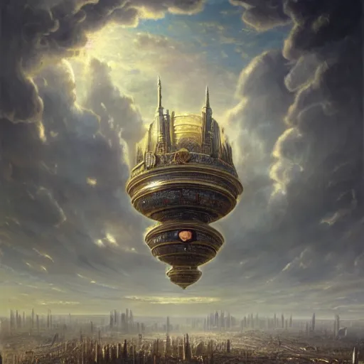 Prompt: enormous flying city in a faberge egg, sky, steampunk, fantasy art, masterpiece, hugh ferriss, unreal engine, andreas achenbach cloudy background, latticework