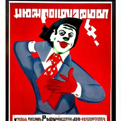 Image similar to young man as communist clown, soviet propaganda style poster