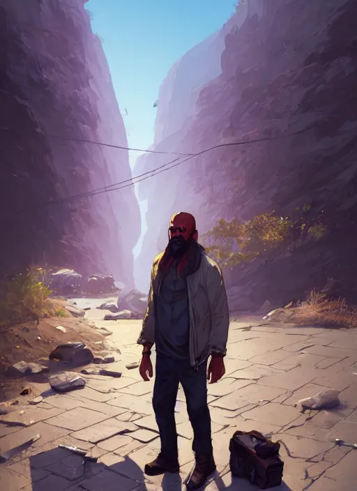 Image similar to Highly detailed full-body portrait of homeless The Rock, in GTA V, Stephen Bliss, unreal engine, fantasy art by Greg Rutkowski, Loish, Rhads, Makoto Shinkai and Lois van baarle, ilya kuvshinov, rossdraws, Tom Bagshaw, global illumination, radiant light, detailed and intricate environment