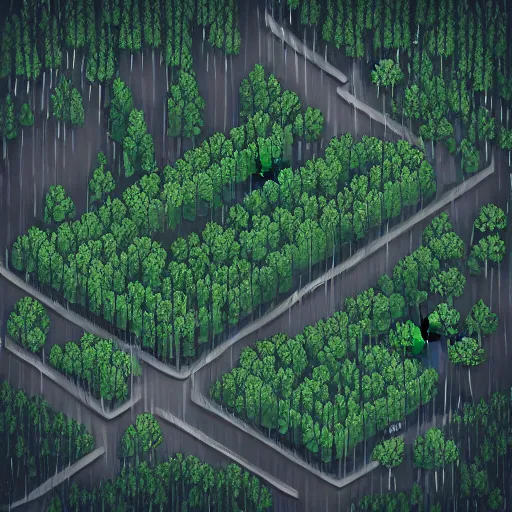 Image similar to beautiful isometric intricate forest, swamp, rain