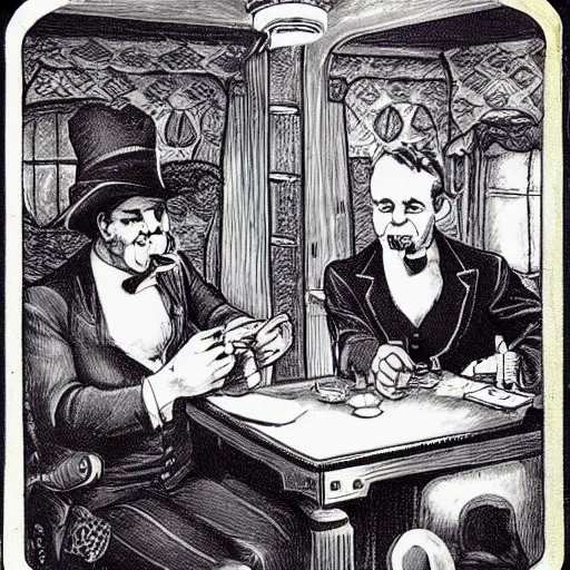 Prompt: inside a wagon Phileas Fogg and Detective Fix playing cards, briush ink