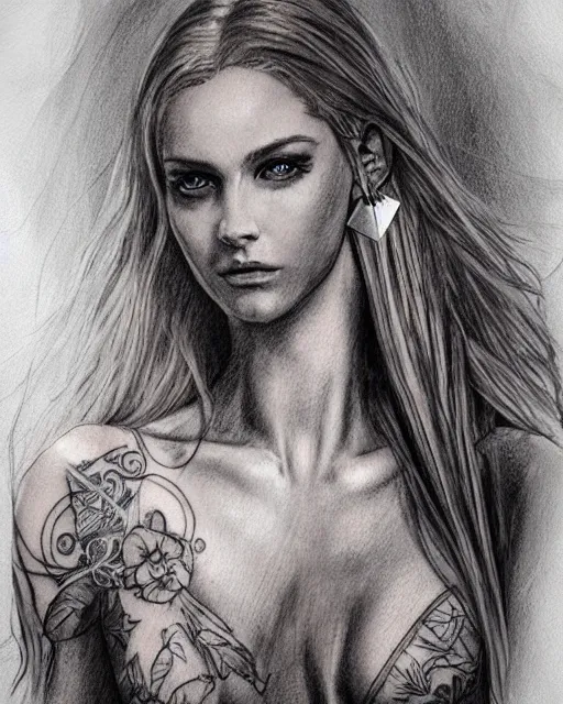 Image similar to tattoo sketch of beautiful greek goddess aphrodite with arrowhead earrings, beautiful piercing eyes, flowing blonde hair, realistic face, hyper realistic, in the style of greg rutkowski, fantasy, amazing detail, epic, intricate, elegant, smooth, sharp focus