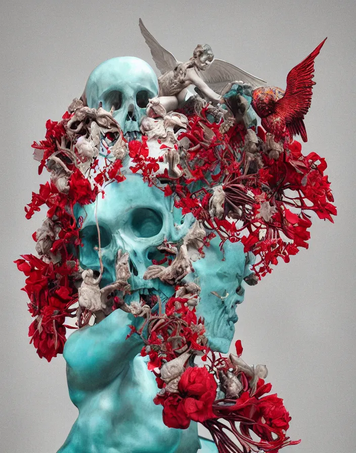 Prompt: rodin sculpture fallen angel . silk, fabric, birds, skulls, bones, flowers. red plastic. baroque elements, human skull. intricate artwork by artstation. halo. octane render, cinematic, hyper realism, octane render, 8k, depth of field, bokeh. iridescent accents. vibrant. teal and gold and red colour scheme