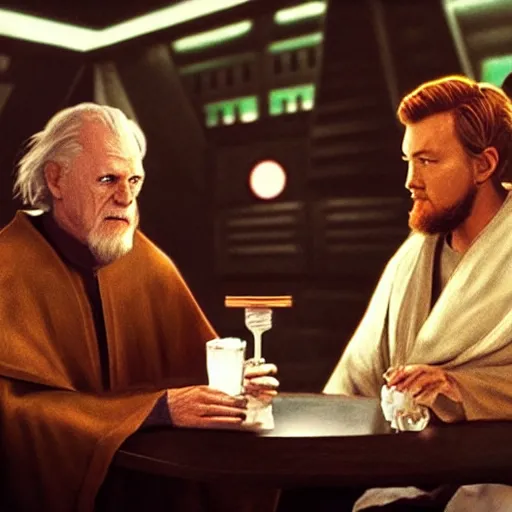 Image similar to star wars palpatine and obi wan drin beer in a sci - fi bar, movie still, screenshot, photorealistic painting, fanart, highly detailed