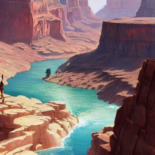 Image similar to concept art painting of a grand canyon filled with water, giant river, with unfinished stone bridge under construction, realistic, detailed, cel shaded, in the style of makoto shinkai and greg rutkowski and james gurney