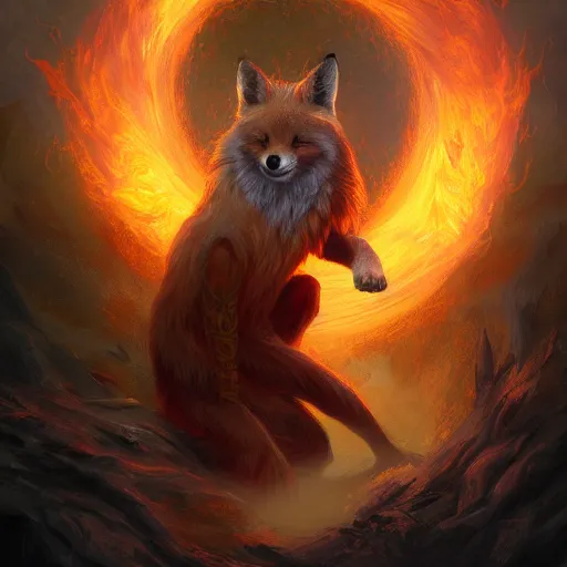 Image similar to anthropomorphic druidic fox in a vortex of flame, 8k resolution matte fantasy painting, cinematic lighting, DeviantArt Artstation, Jason Felix Steve Argyle Tyler Jacobson Peter Mohrbacher