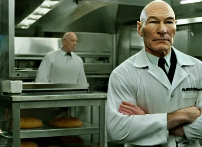 Image similar to film still of patrick stewart as agent smith working in a bakery in the new matrix movie, 4 k