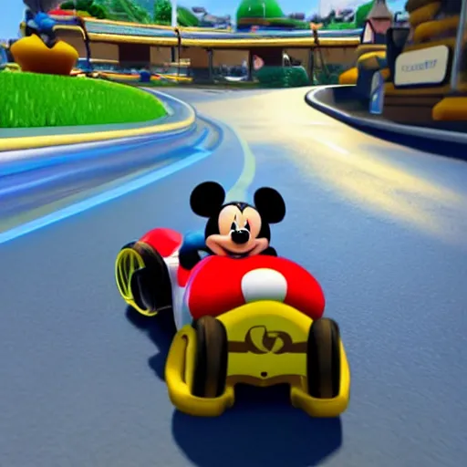 Image similar to mickey mouse in mario kart, unreal engine