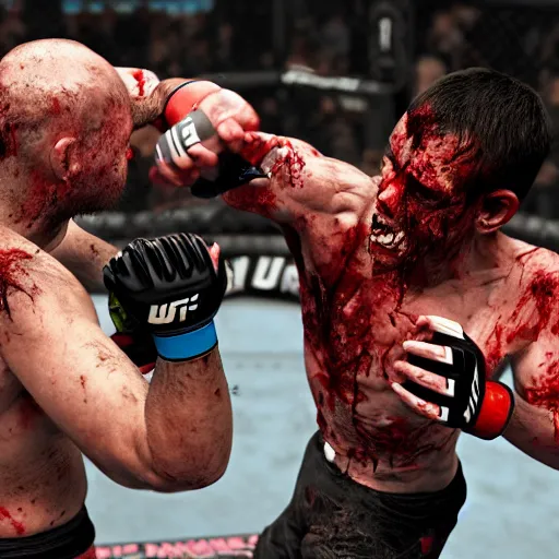 Image similar to action shot of a zombie ufc fighter punching his opponent in the octagon, 4 k, artstation, detailed