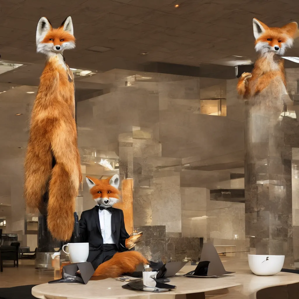 Image similar to a single anthropomorphic fox in suit sitting in the lobby of a futuristic hotel, anthro, furry