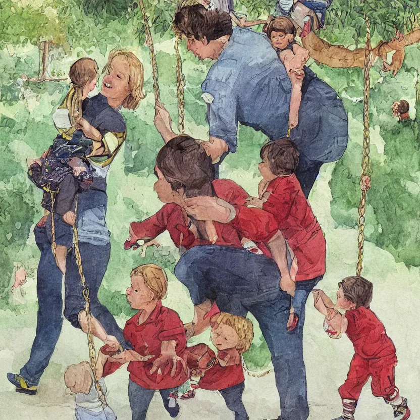 Image similar to small child swung between a mommy and a daddy at a zoo, award winning illustration by Don Freeman