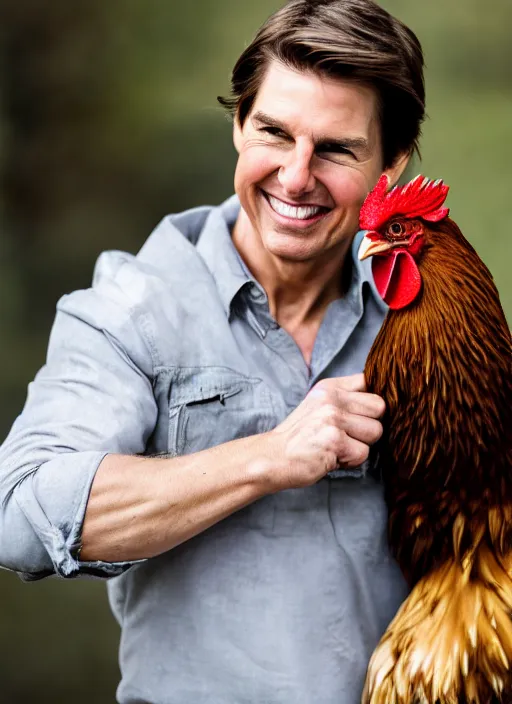 Image similar to a professional photo of tom cruise holding a rooster, f / 1. 4, 9 0 mm