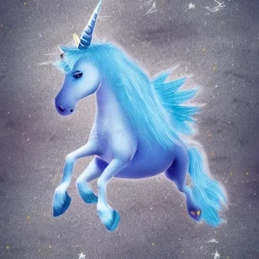 Image similar to A lonely blue unicorn-pegasus sits on the moon's surface, sitting in the moon dust crying