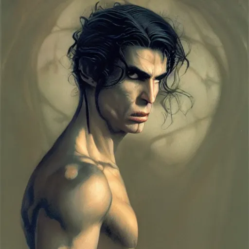 Image similar to head and shoulders vogue photo portrait of a male vampire, d & d, fantasy, greg rutkowski, frank frazetta, alexandre chaudret, boris vallejo, michael whelan, miro petrov, hr giger, magali villeneuve, donato giancola