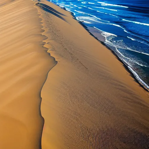 Image similar to sand dunes meeting the ocean, gorgeous, high detail, perfect lighting, aerial shot