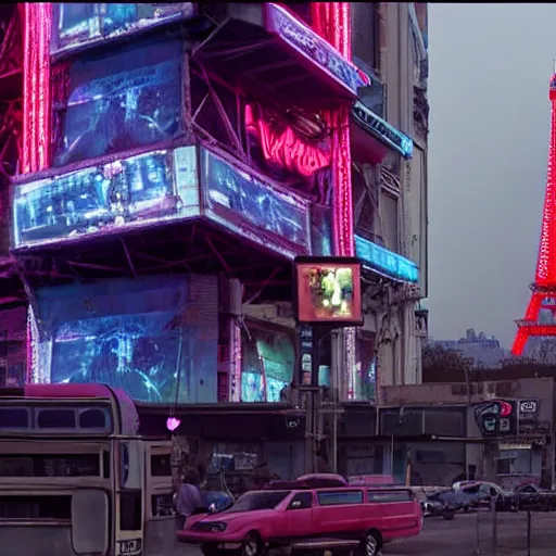 Image similar to A beautiful intricate 8K award-winning ground-level cinematic movie photograph of the future destroyed and decaying Eiffel Tower made of neon, surrounded by broken corporate video billboard displays. in the year 2050, by Bruno Delbonnel and greg rutkowski. Arri Alexa 65, IMAX 70mm footage. Dirty billboards. Cinematic lighting