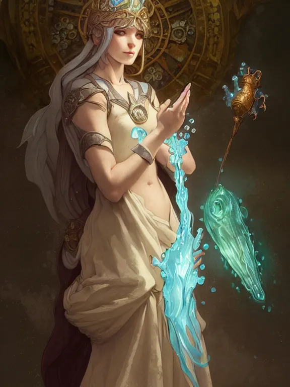 Prompt: summoner dressed in medieval gown with a cute water elemental, fantasy, intricate, elegant, highly detailed, digital painting, artstation, concept art, wallpaper, smooth, sharp focus, illustration, art by artgerm and greg rutkowski and alphonse mucha