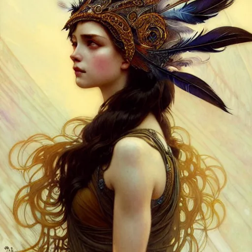 Image similar to Portrait of a winged girl angel wearing an intricate feather headdress, fantasy, intricate, elegant, highly detailed, digital painting, artstation, concept art, smooth, sharp focus, illustration, art by Krenz Cushart and Artem Demura and alphonse mucha