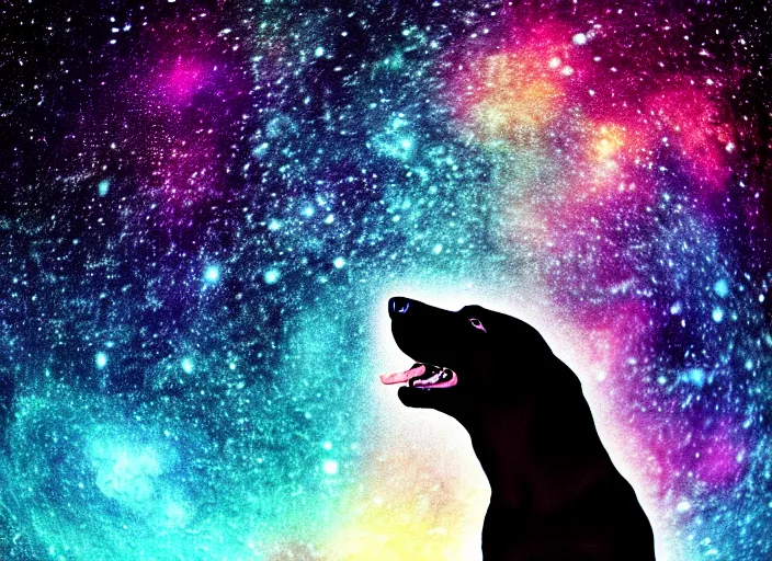 Prompt: portrait of black labrador, mouth open, galaxy background, anime, shigeto koyama,jean giraud, manga, 28mm lens, vibrant high contrast, gradation, cinematic, rule of thirds, great composition, intricate, detailed, flat, matte print, sharp,clean lines,masakazu katsura