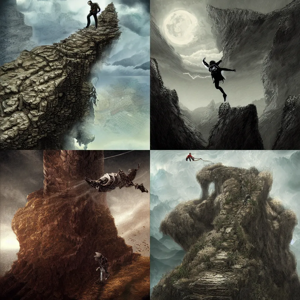 Prompt: the man will jump off a cliff, digital art, dark fantasy, highly detailed, no crop