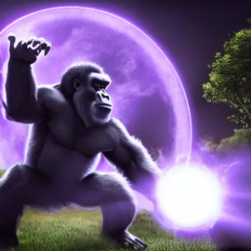 Image similar to an angry gorilla charges a large purple white ball of energy above his upraised hands, photorealistic, cinematic