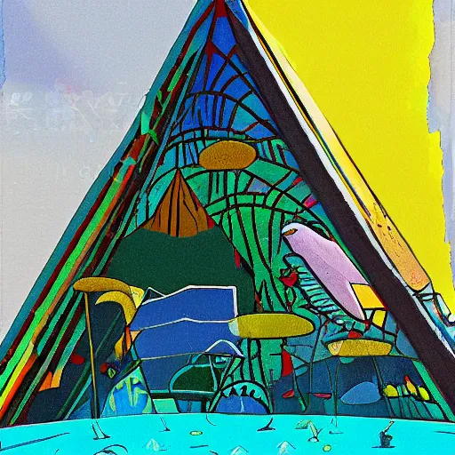 Image similar to otherworldly vivid futuristic pool pyramid penguin sack cedar tree teak tree, by tom thomson and ghibli studios and andy warhol, mixed media, speedpainting, an art deco