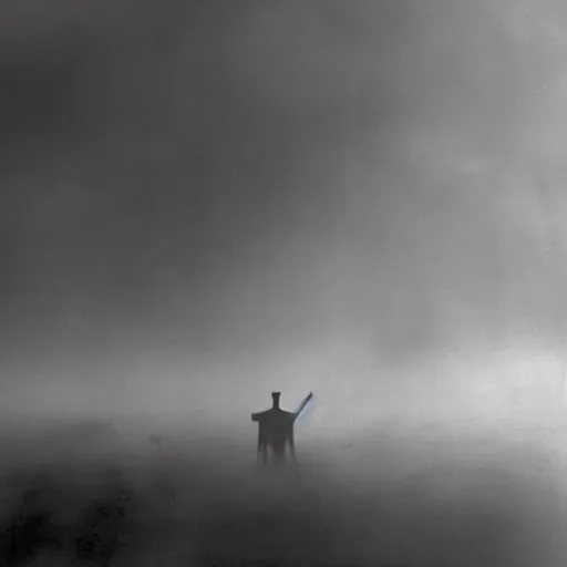 Image similar to old black and white photo of a giant humanoid figure floating in the distance, foggy, surreal, creepy, horror, scary,