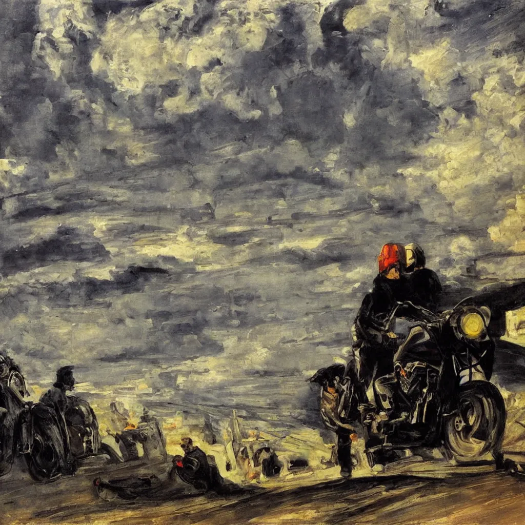 Image similar to a city in the clouds, one raised road leaving the city curving towards viewer, a motorcycle, man wearing leather jacket and black helmet, oil painting, style of george bellows