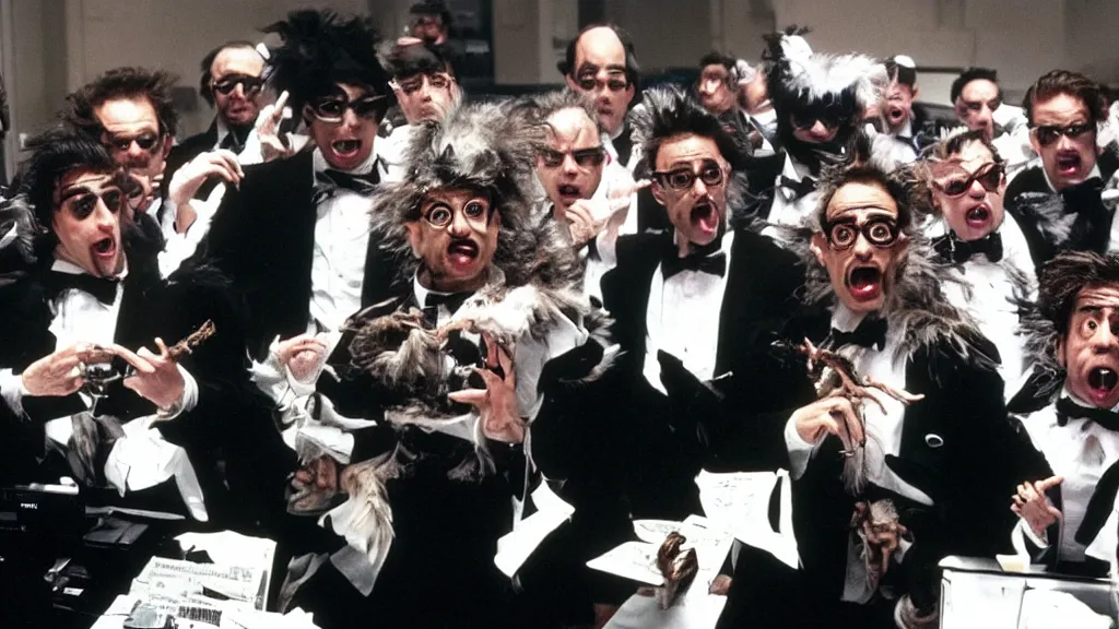 Prompt: Gremlins disguised as wall street traders and soundcloud rappers orchestrate black swan event stock market crypto crash, film still from Gremlins 3 directed by Joe Dante, Nathan Fielder and Groucho Marx