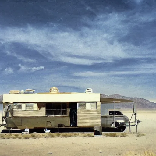 Prompt: Walter White in the New Mexico desert, RV, by Salvador Dali