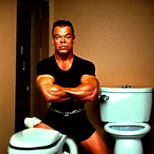 Image similar to Jean Claude Vandamme, 1992, doing the splits over a toilet, dramatic lighting, award winning, octane,