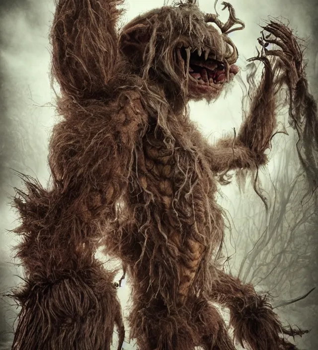 Image similar to hyper realistic photography of indonesian demon hairy fluffy muppet show horror nightmare elf goblin monster with long arms, human anatomy, real teeth, full body, cinematic symmetric dark _ crystal, brian froud, alan lee, jean baptiste monge, scott radke