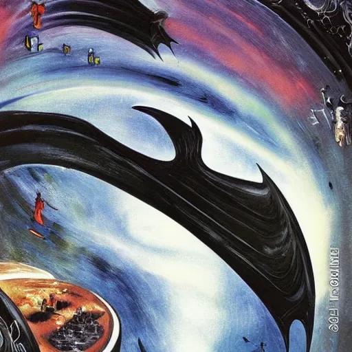 Image similar to batman surfing the infinite cosmos, grand scale, painting by h. r. giger