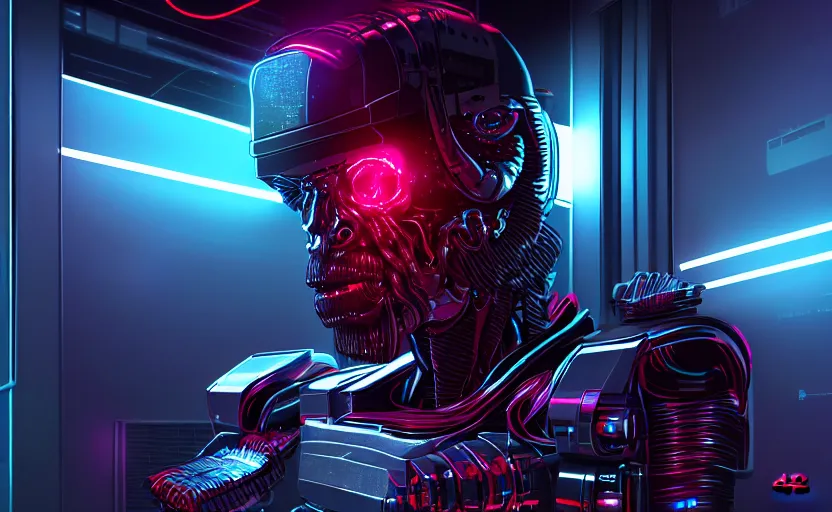 Prompt: high terminator without flesh, staying in front of data center room, 2 4 mm, high detail, cold neon light, cinematic colors, sharp, trending on artstation