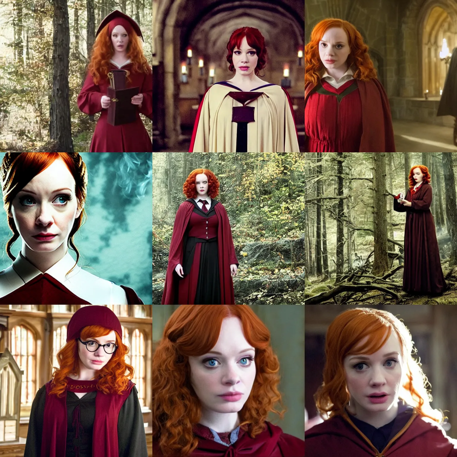 Prompt: a very surprised looking beautiful christina hendricks dressed as harry potter hogwarts student, film still from the movie directed by denis villeneuve, wide lens