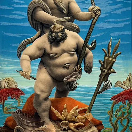 Prompt: The sculpture shows a mythological scene. A large, bearded man is shown seated on a throne, surrounded by sea creatures. He has a trident in one hand and a shield in the other. Behind him is a large fish, and in front of him are two smaller creatures. by Casey Weldon rich details, tumultuous