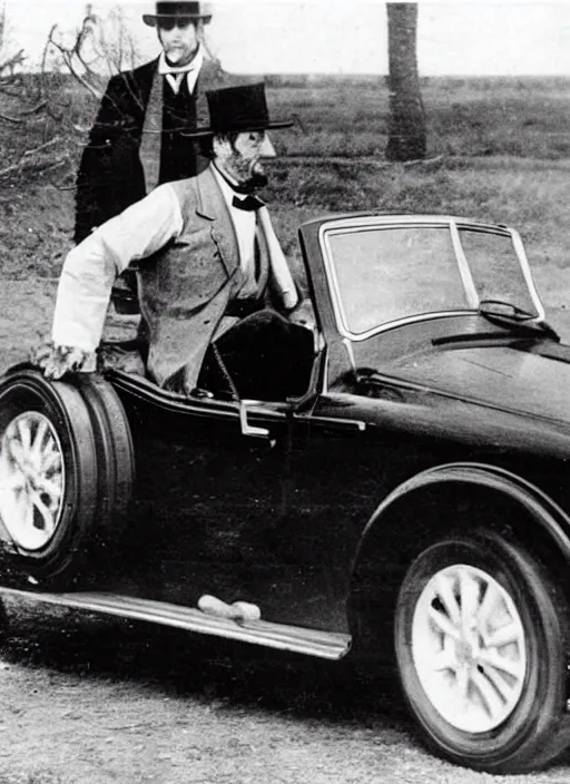 Prompt: old photo of Abraham Lincoln driving a convertible miata