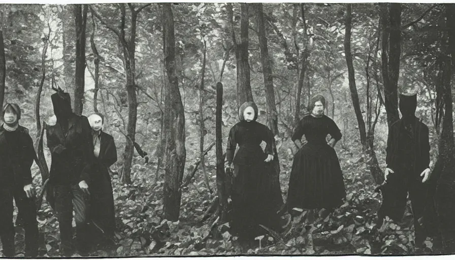 Prompt: photo of 19th century evil cultists hiding in deep dark forest by Diane Arbus and Louis Daguerre