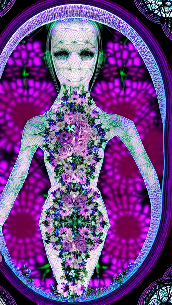 Image similar to hyperdetailed cybergothic hologram of a bouquet of flowers sharpened intricate