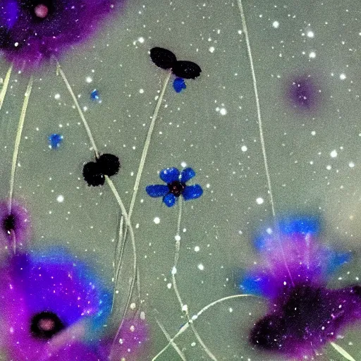 Image similar to detailed, intricate blue black and purple papaverum flower on the field, nebula, galaxy in the sky